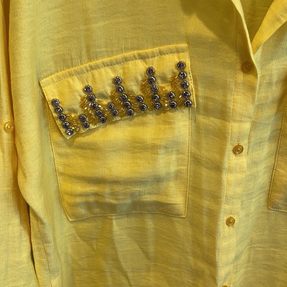 Saloon Morning Sunshine Yellow Linen Top Women’s Beaded Pocket Casual M/L - Picture 2 of 4